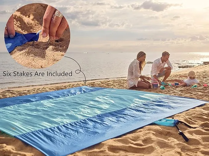 WEKAPO Beach Blanket Sandproof, Extra Large Beach Mat, Big & Compact Sand Free Mat Quick Drying, Lightweight & Durable with 6 Stakes & 4 Corner Pockets