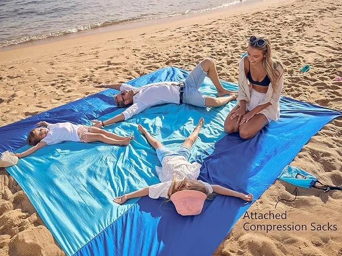 WEKAPO Beach Blanket Sandproof, Extra Large Beach Mat, Big & Compact Sand Free Mat Quick Drying, Lightweight & Durable with 6 Stakes & 4 Corner Pockets