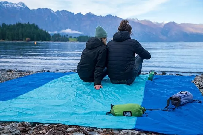 WEKAPO Beach Blanket Sandproof, Extra Large Beach Mat, Big & Compact Sand Free Mat Quick Drying, Lightweight & Durable with 6 Stakes & 4 Corner Pockets