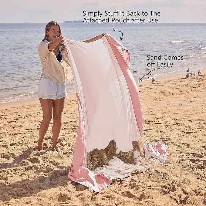 WEKAPO Beach Blanket Sandproof, Extra Large Beach Mat, Big & Compact Sand Free Mat Quick Drying, Lightweight & Durable with 6 Stakes & 4 Corner Pockets