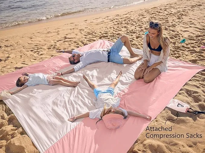 WEKAPO Beach Blanket Sandproof, Extra Large Beach Mat, Big & Compact Sand Free Mat Quick Drying, Lightweight & Durable with 6 Stakes & 4 Corner Pockets