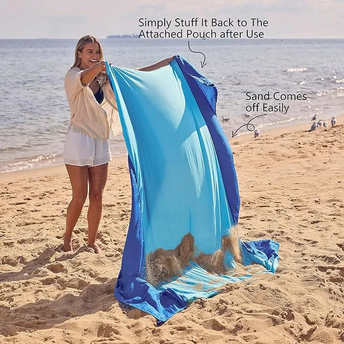 WEKAPO Beach Blanket Sandproof, Extra Large Beach Mat, Big & Compact Sand Free Mat Quick Drying, Lightweight & Durable with 6 Stakes & 4 Corner Pockets