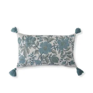 White Linen & Blue Floral Lumbar Pillow