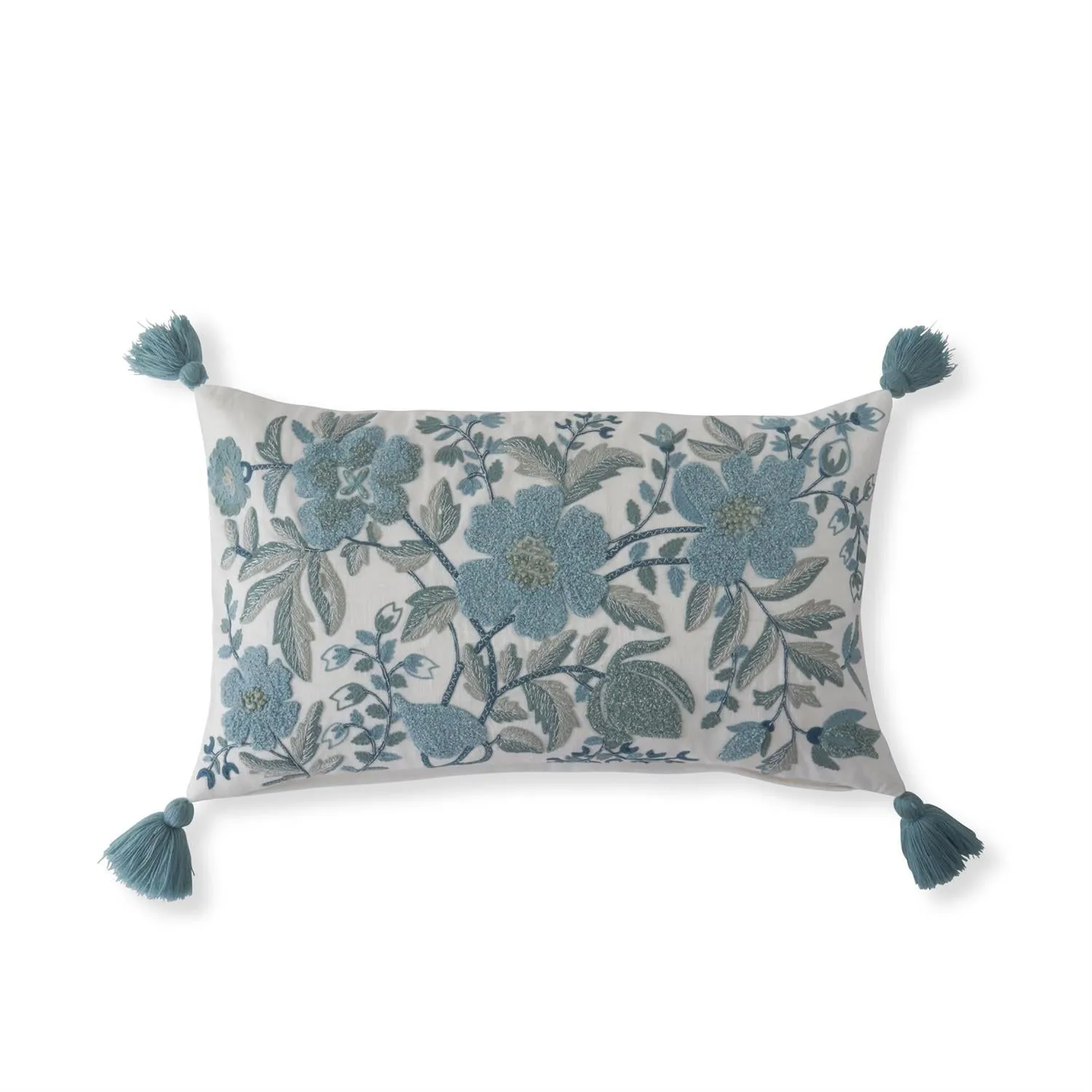 White Linen & Blue Floral Lumbar Pillow