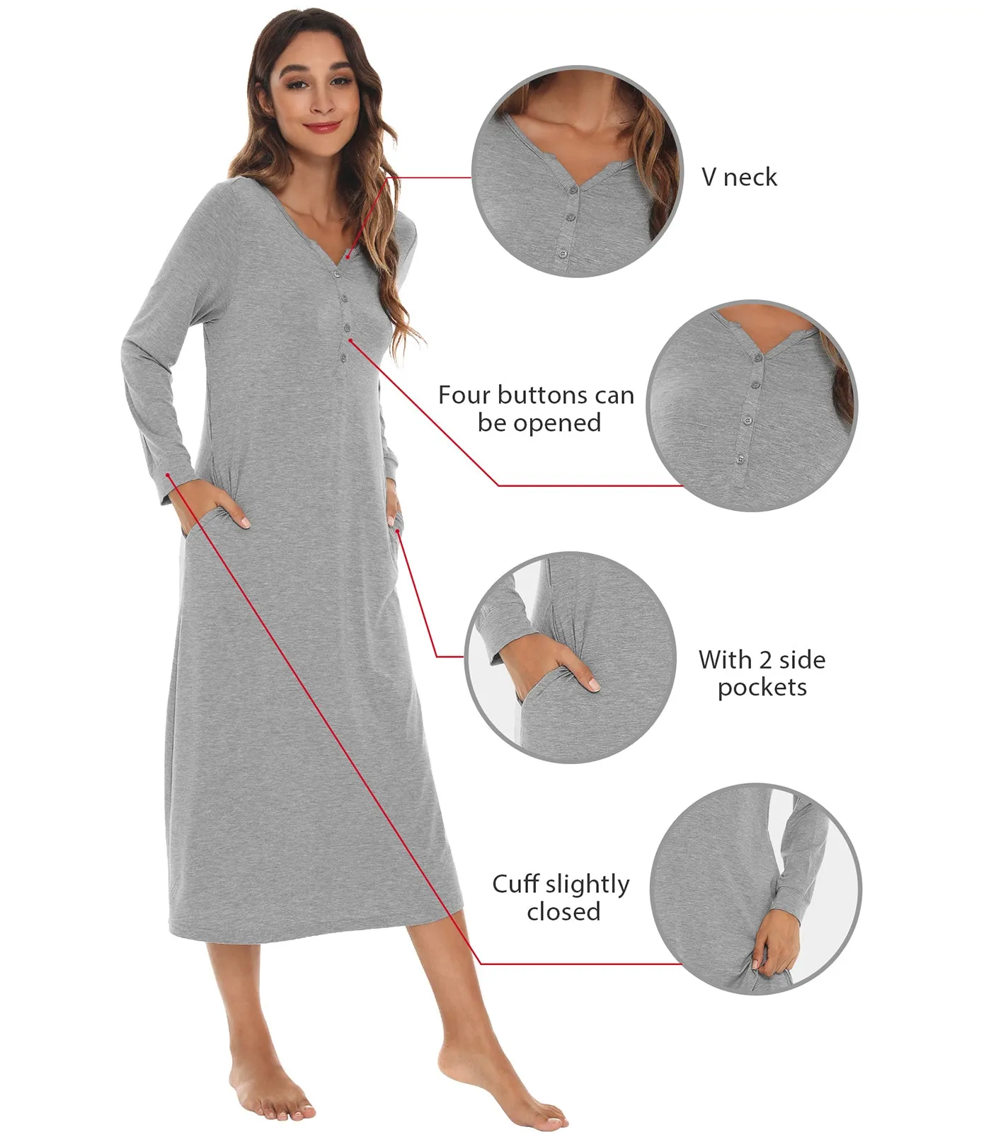 WiWi Nightgowns for Women Soft Long Sleeve Nightshirts