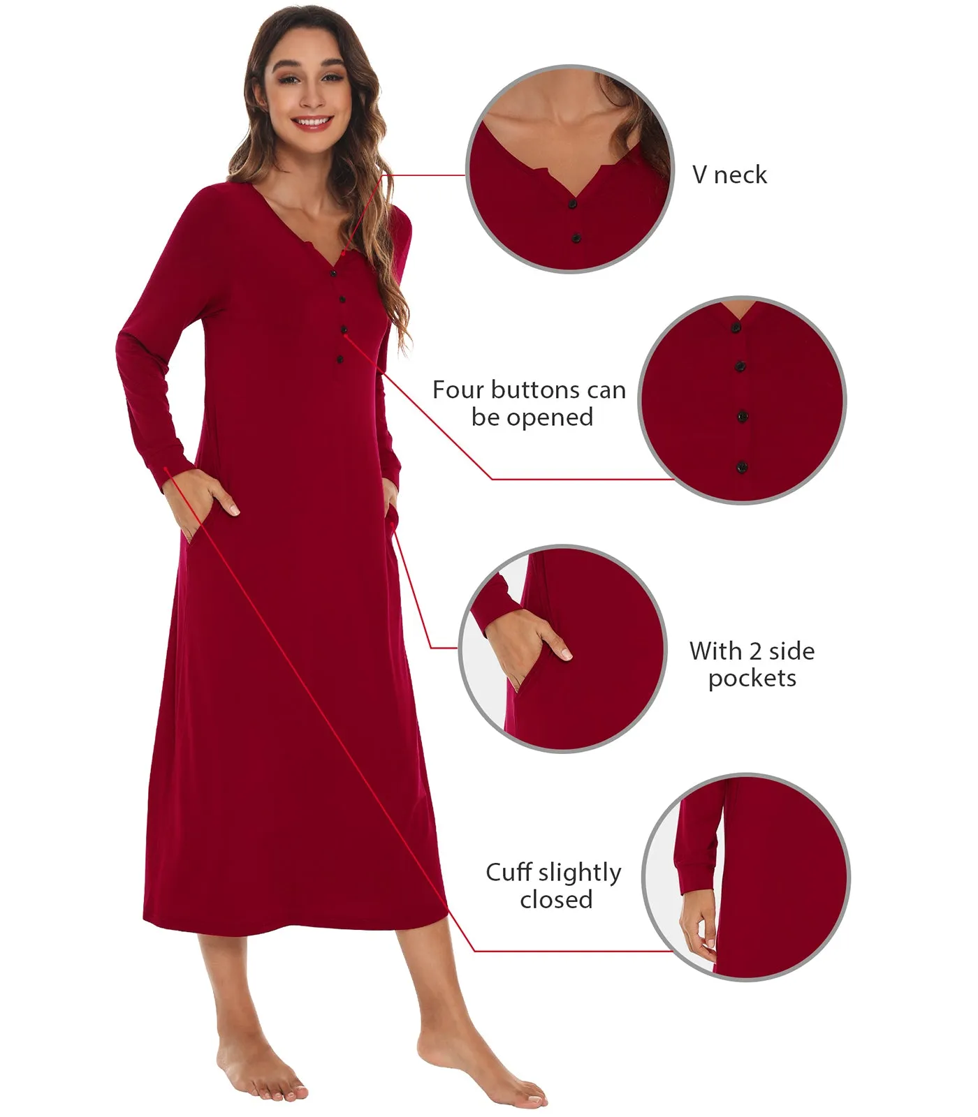 WiWi Nightgowns for Women Soft Long Sleeve Nightshirts