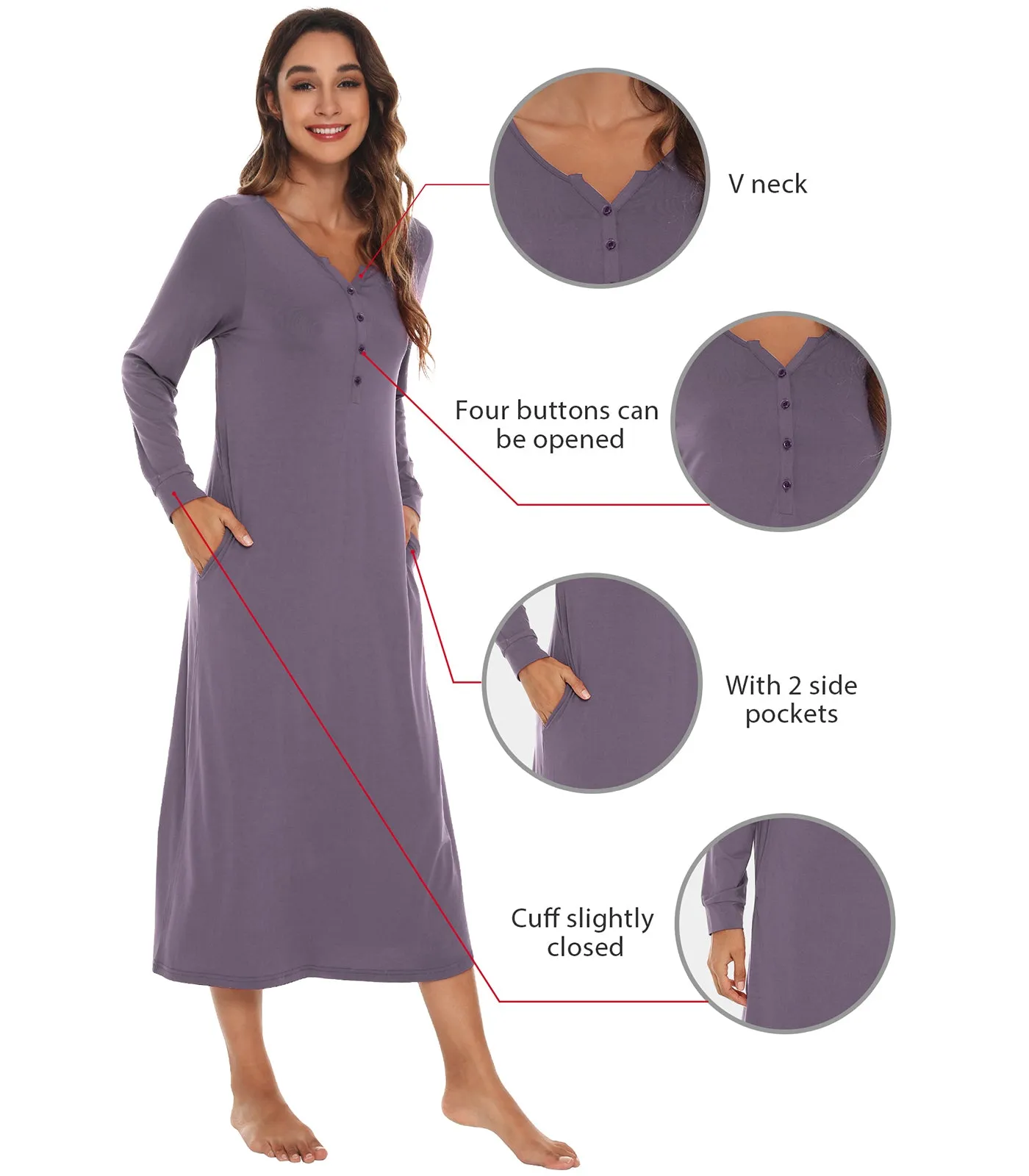 WiWi Nightgowns for Women Soft Long Sleeve Nightshirts
