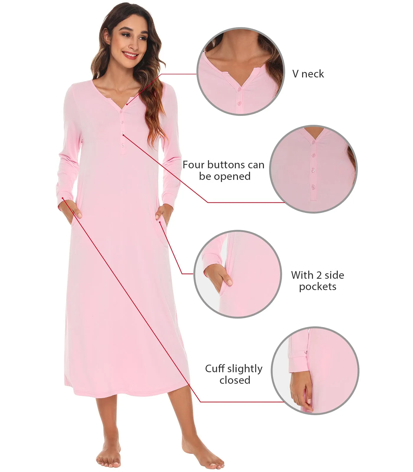 WiWi Nightgowns for Women Soft Long Sleeve Nightshirts