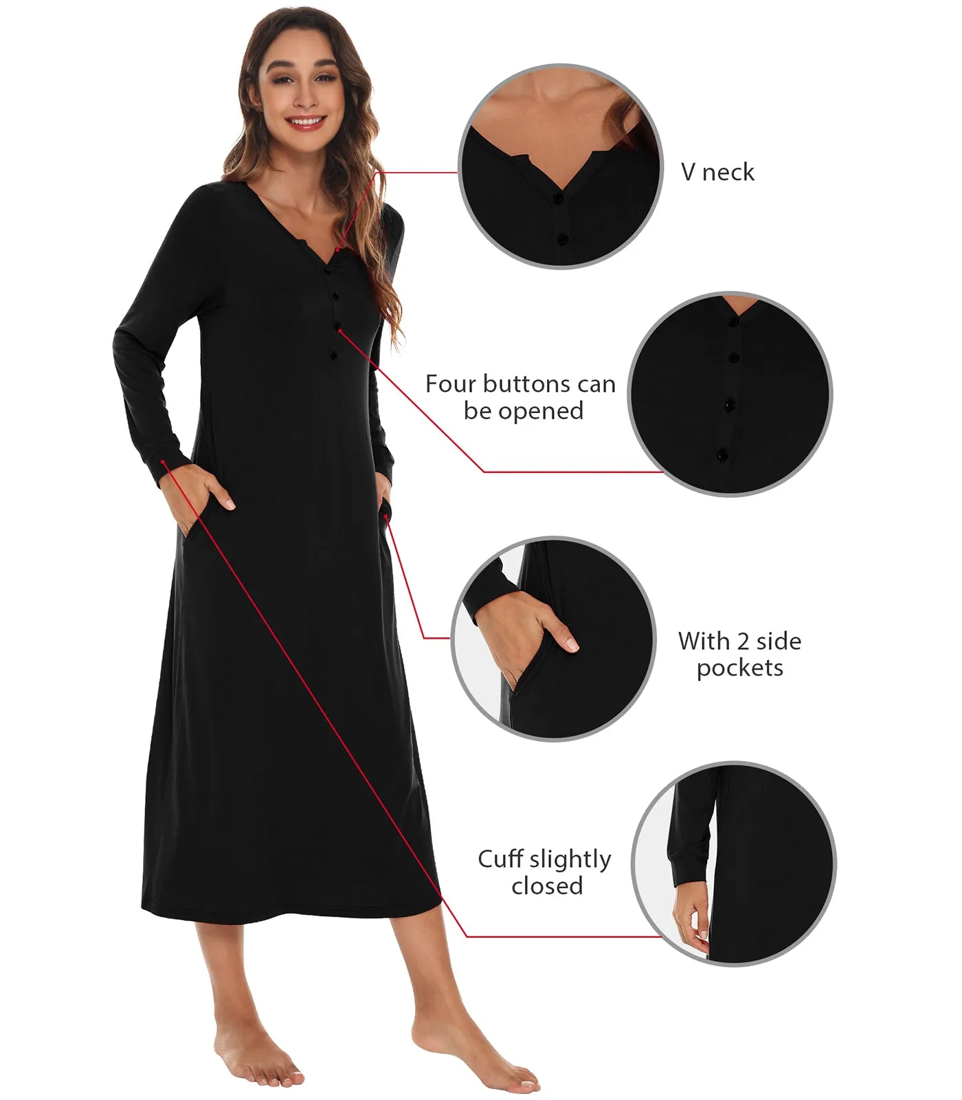 WiWi Nightgowns for Women Soft Long Sleeve Nightshirts