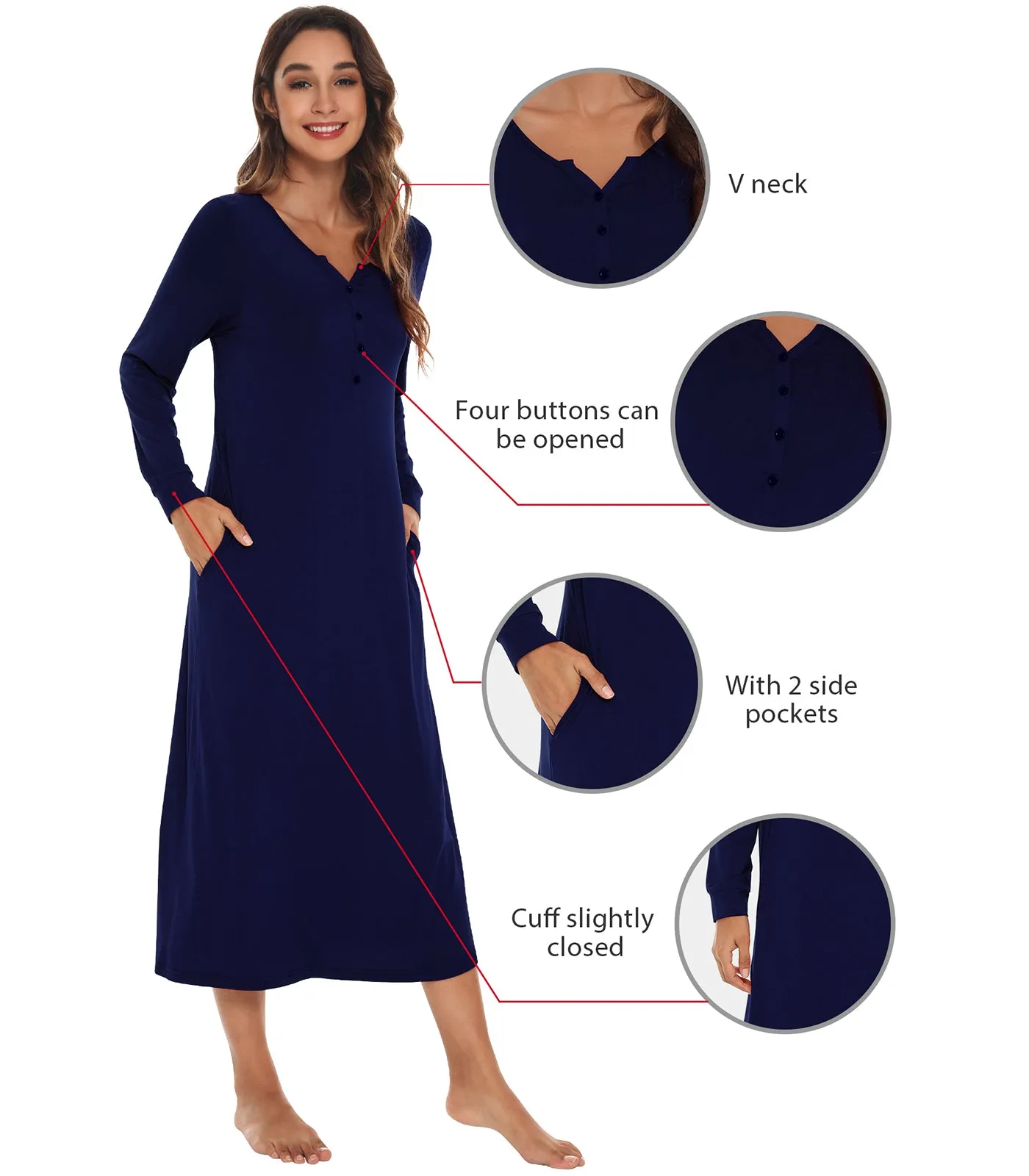 WiWi Nightgowns for Women Soft Long Sleeve Nightshirts