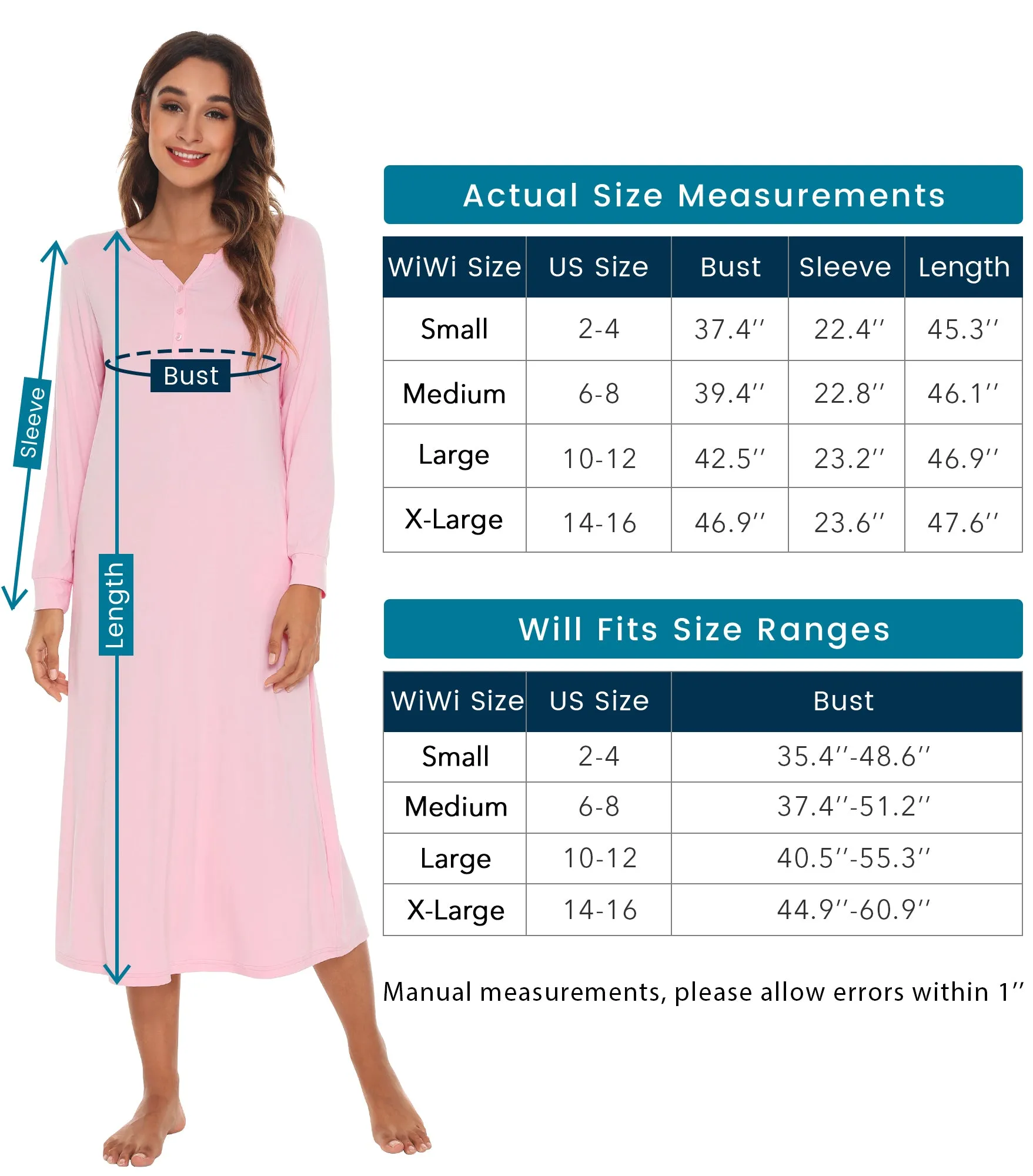 WiWi Nightgowns for Women Soft Long Sleeve Nightshirts