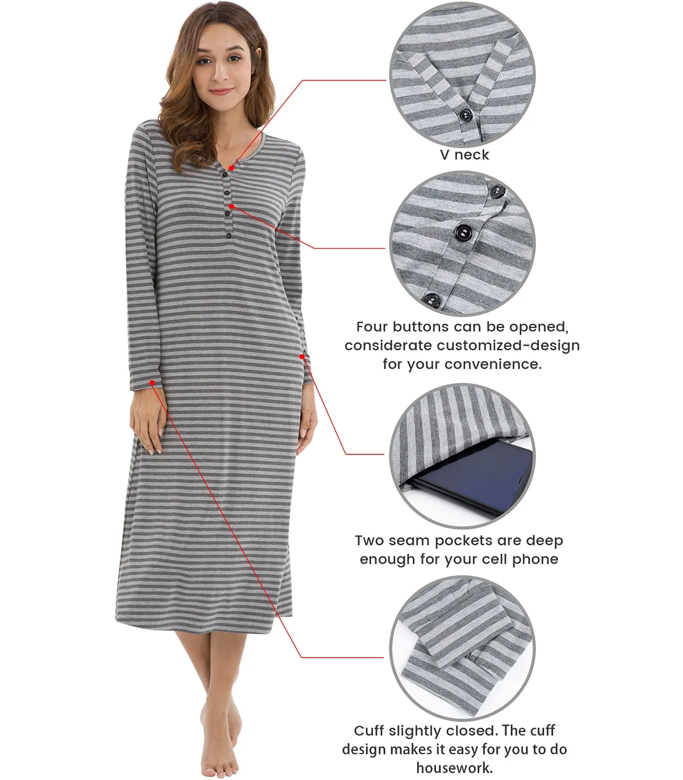 WiWi Nightgowns for Women Soft Long Sleeve Nightshirts
