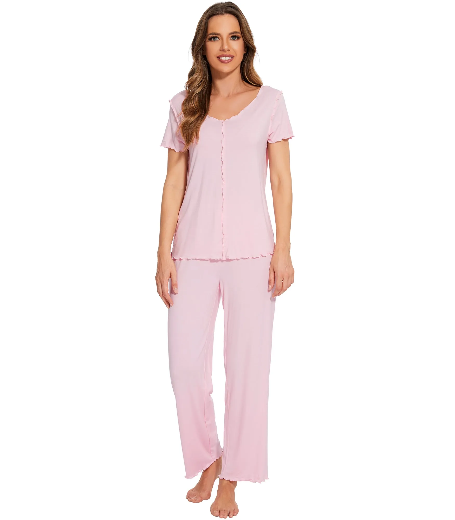 WiWi Womens Bamboo Pajama Set Ruffle Seam Sleepwear