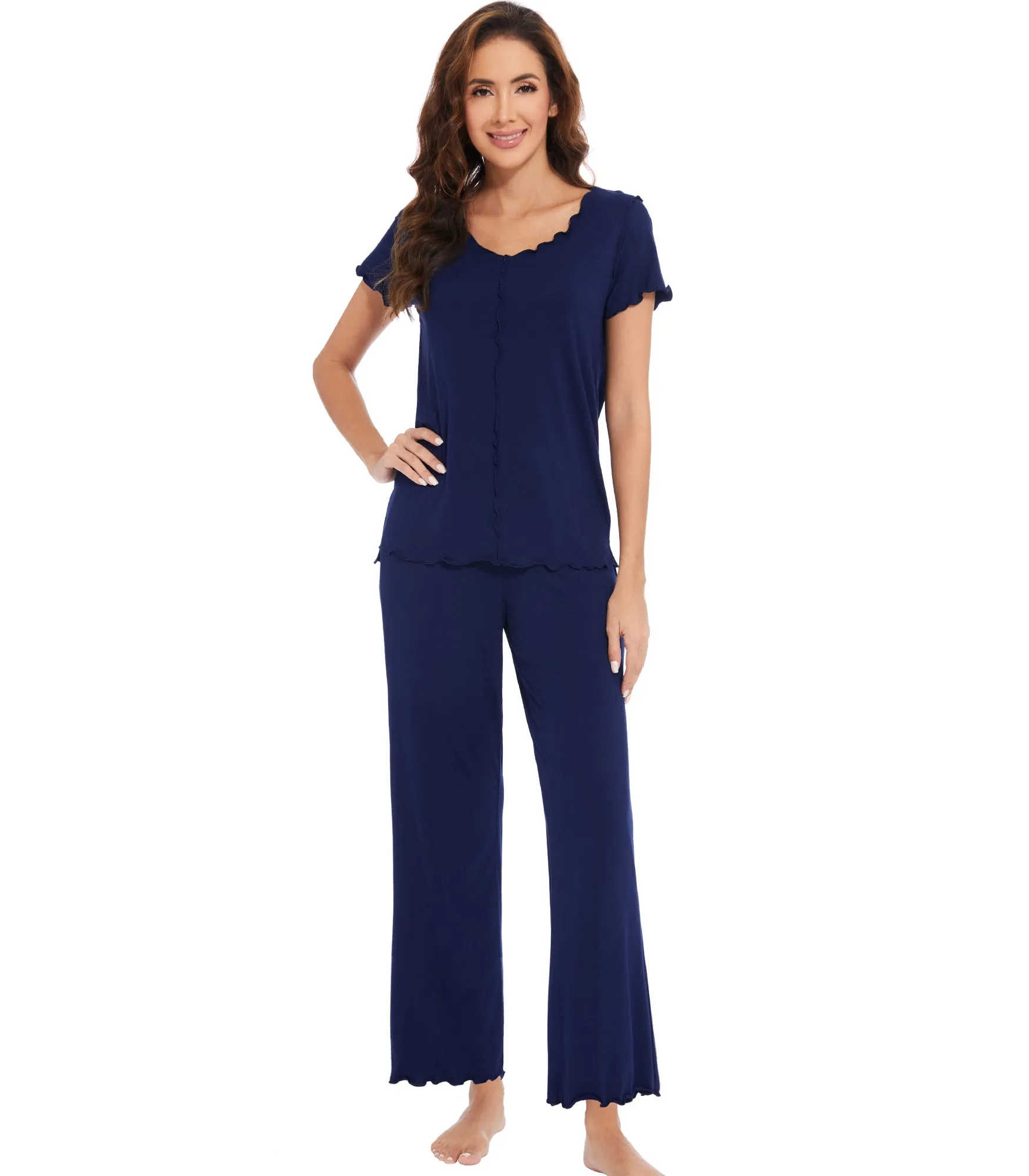 WiWi Womens Bamboo Pajama Set Ruffle Seam Sleepwear