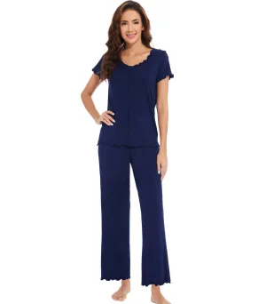 WiWi Womens Bamboo Pajama Set Ruffle Seam Sleepwear