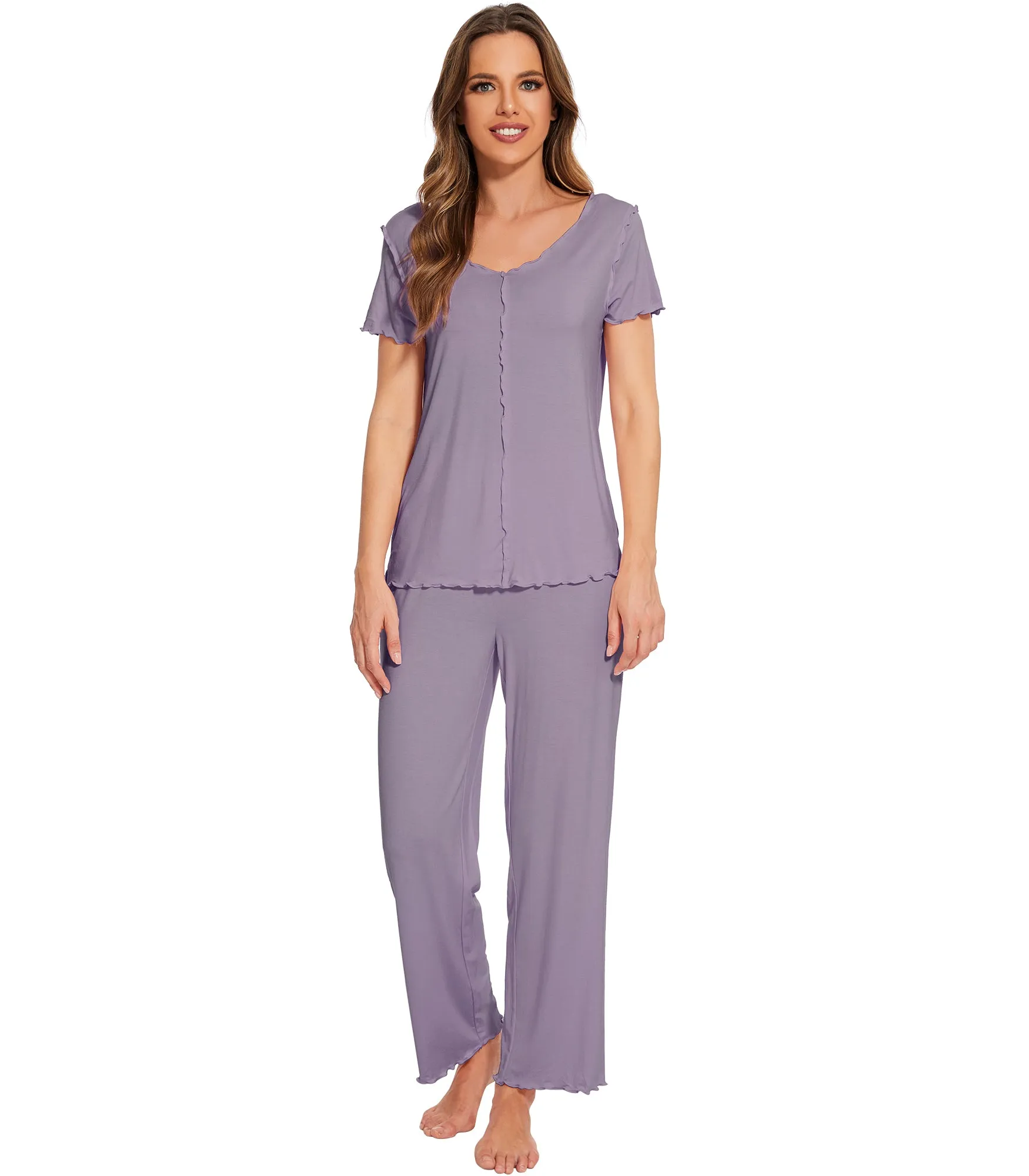WiWi Womens Bamboo Pajama Set Ruffle Seam Sleepwear