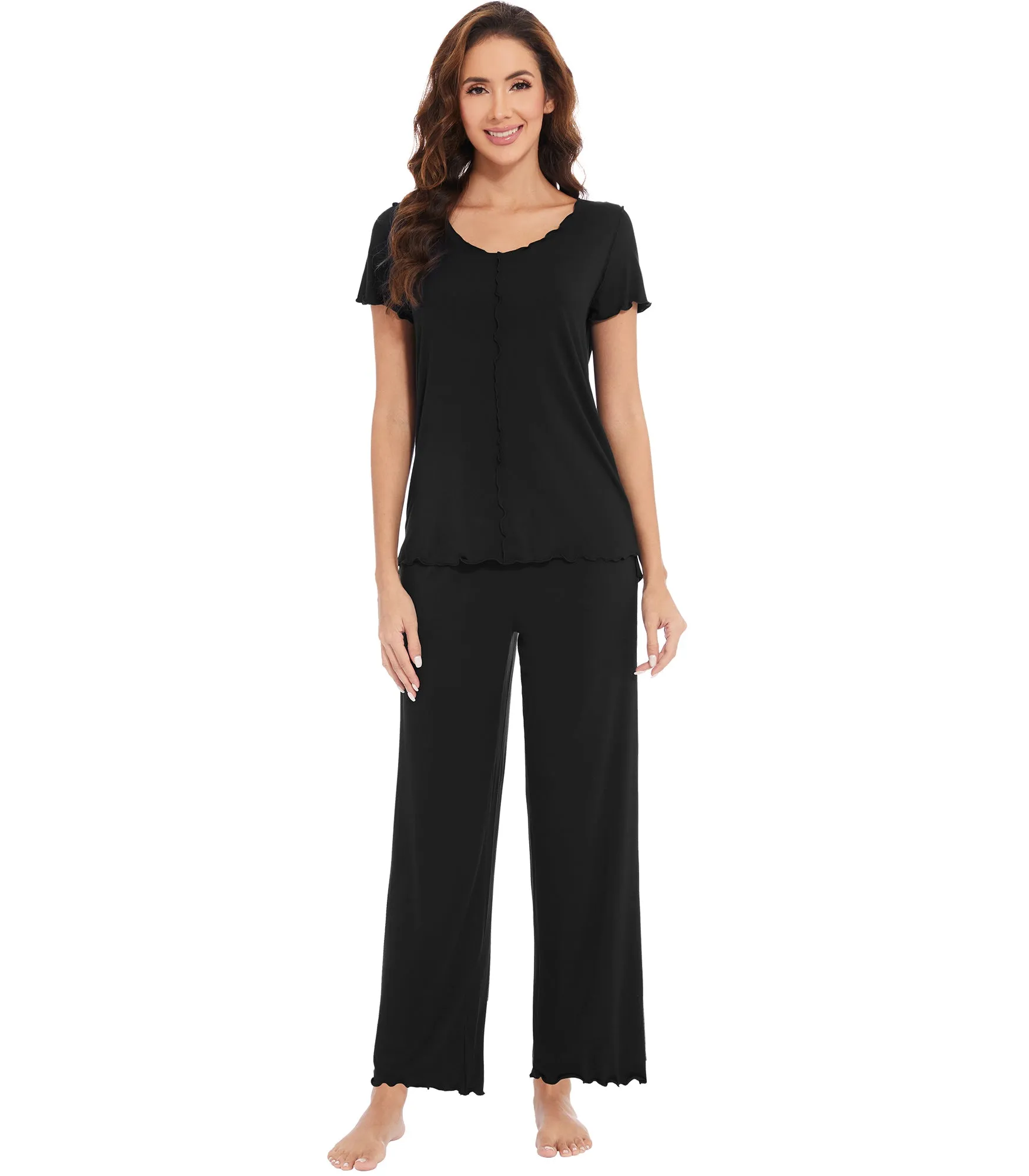 WiWi Womens Bamboo Pajama Set Ruffle Seam Sleepwear