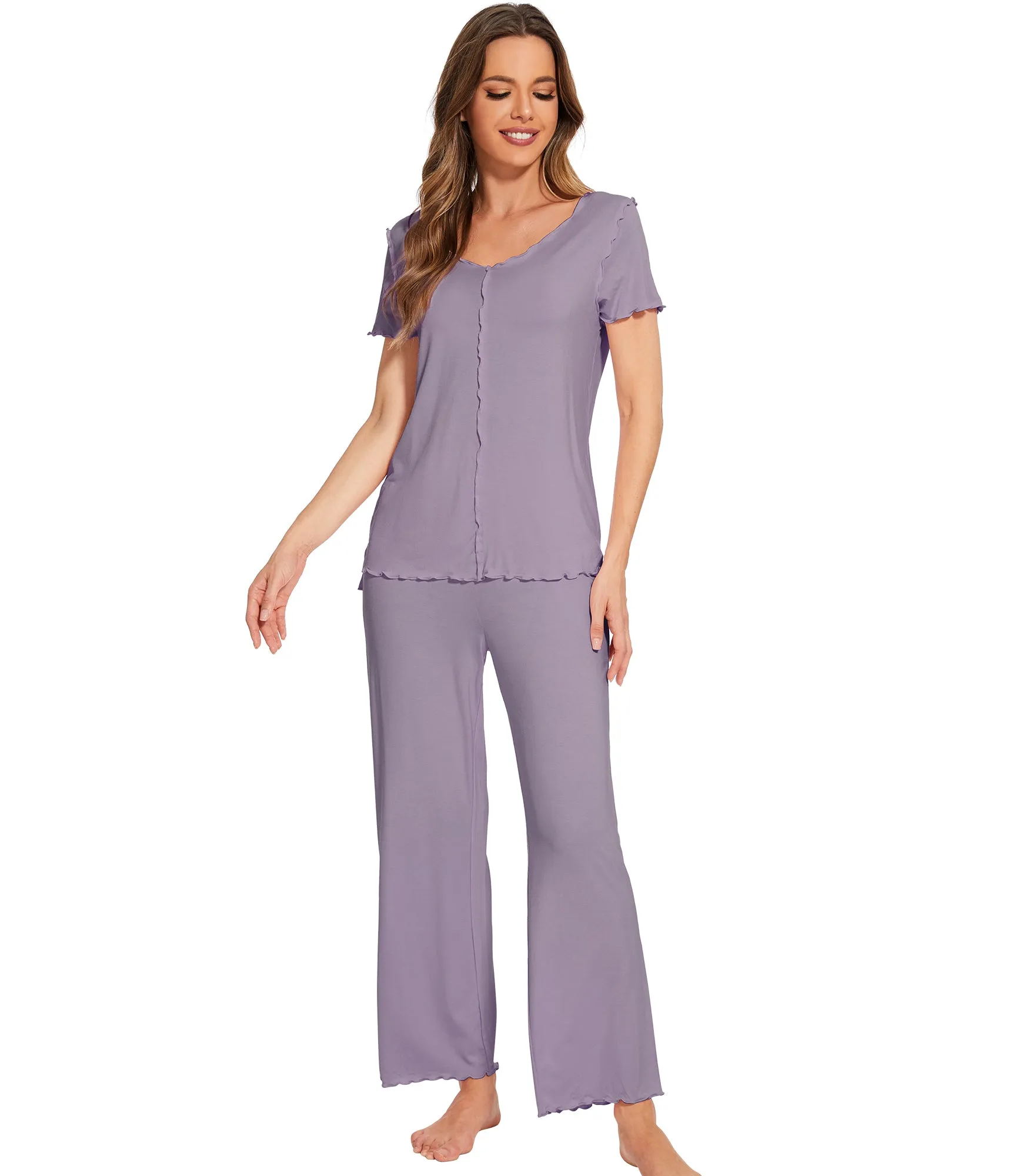 WiWi Womens Bamboo Pajama Set Ruffle Seam Sleepwear