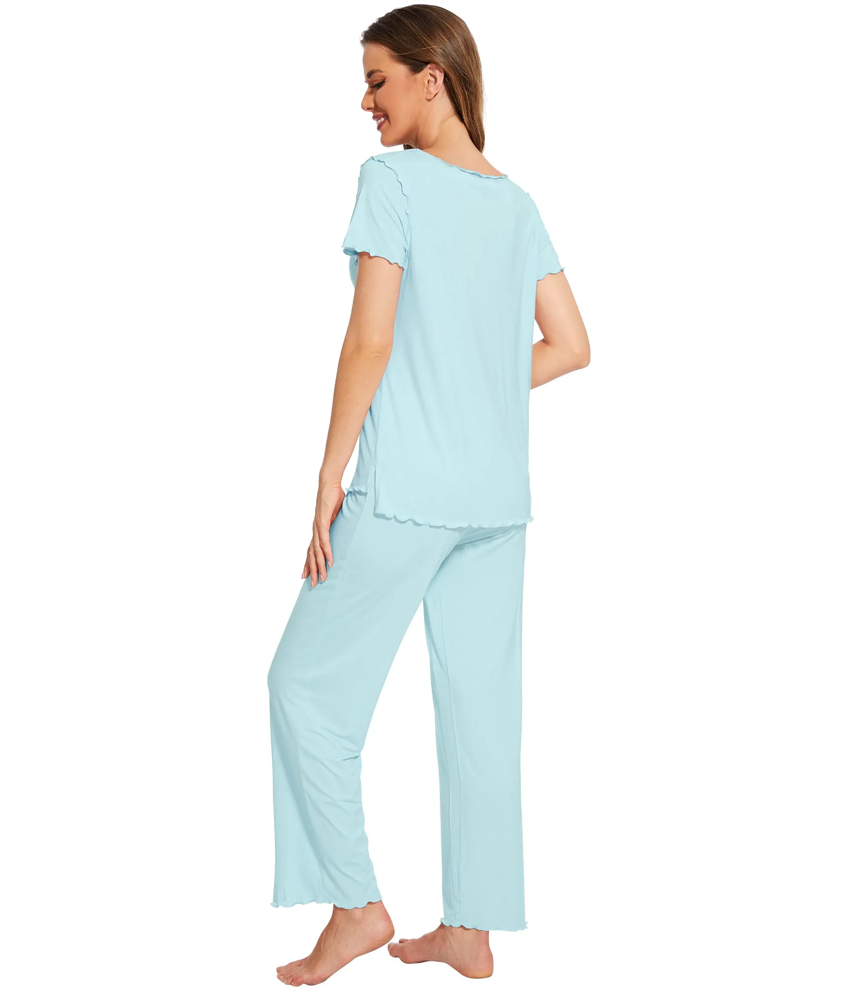 WiWi Womens Bamboo Pajama Set Ruffle Seam Sleepwear