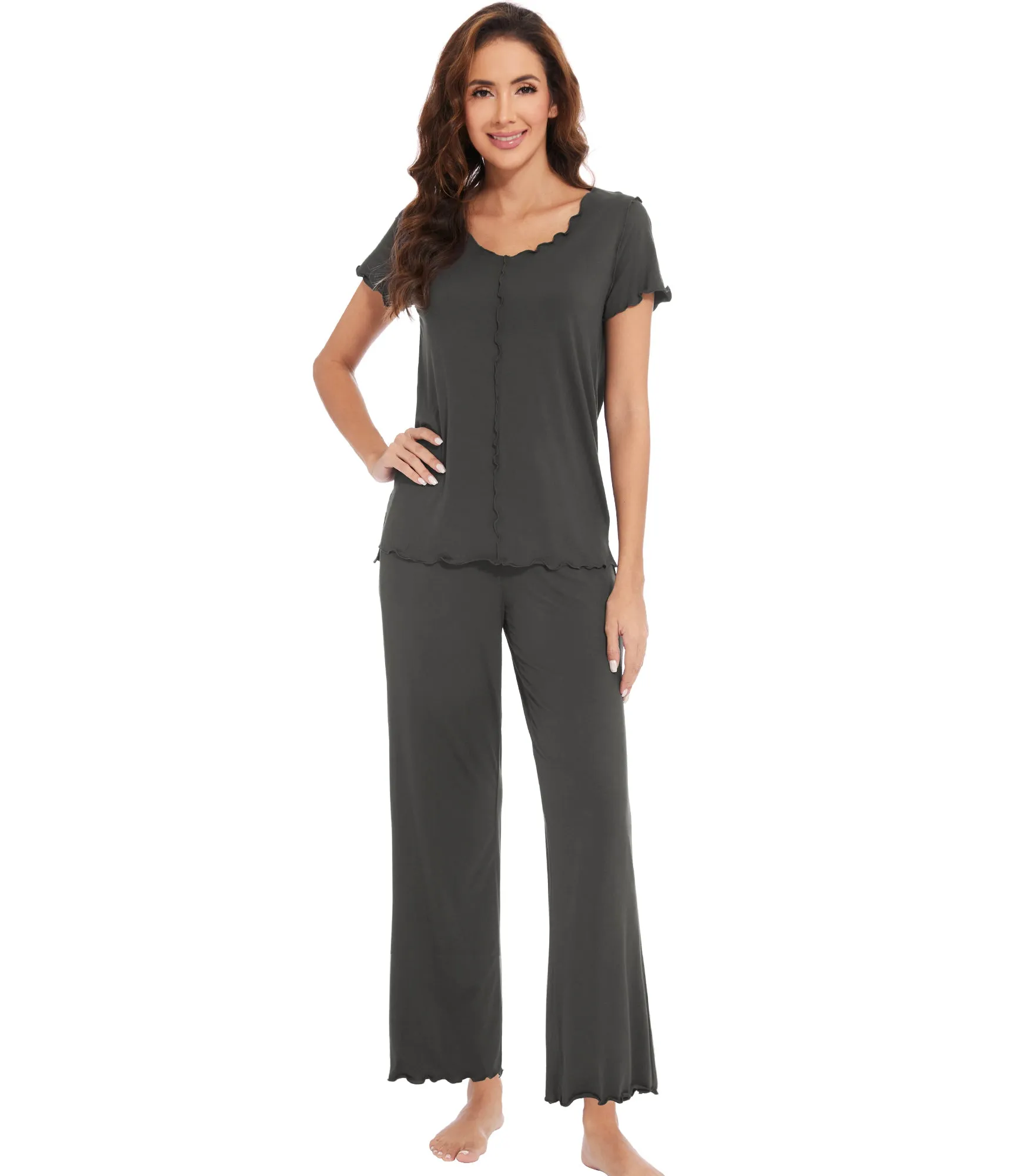 WiWi Womens Bamboo Pajama Set Ruffle Seam Sleepwear