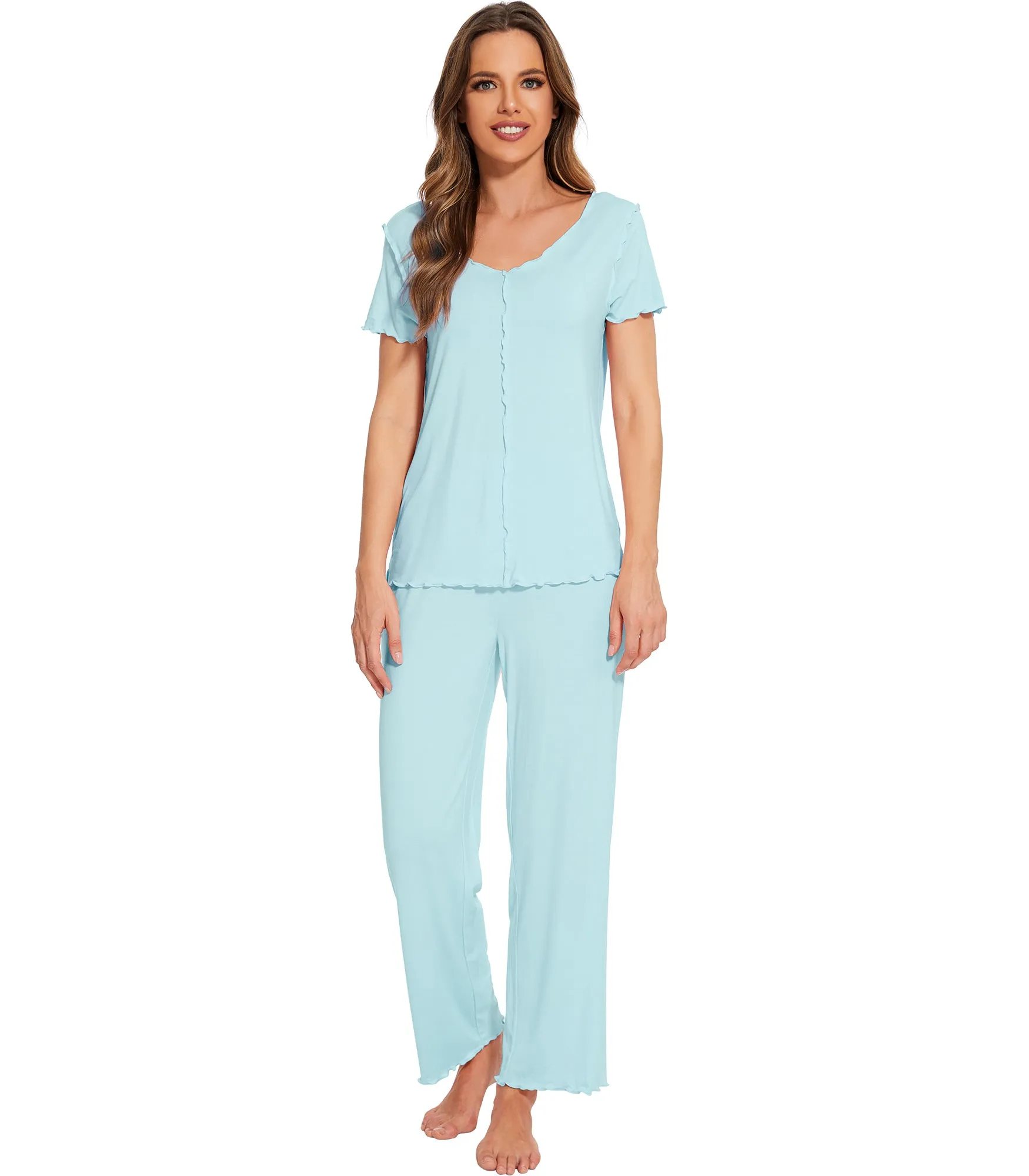 WiWi Womens Bamboo Pajama Set Ruffle Seam Sleepwear