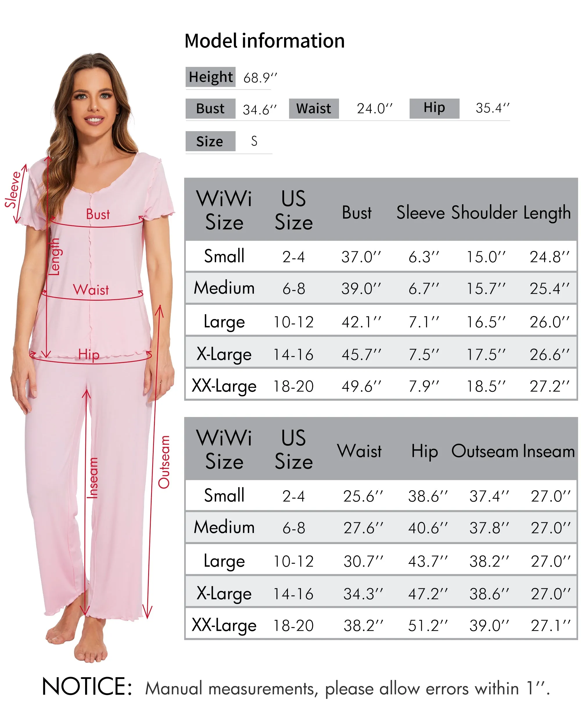 WiWi Womens Bamboo Pajama Set Ruffle Seam Sleepwear