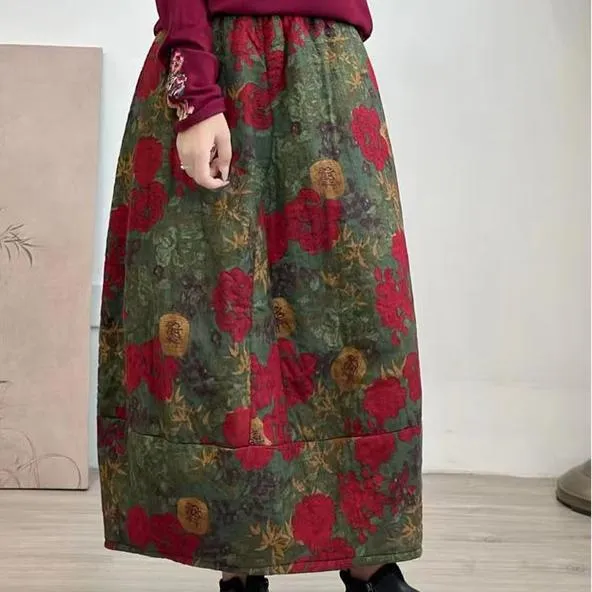 Women Winter Quilted Cotton Linen Floral A-Line Midi Skirt
