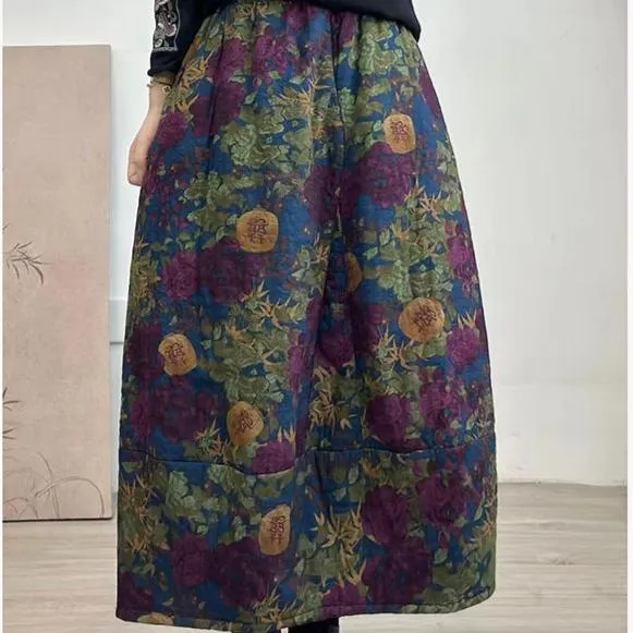 Women Winter Quilted Cotton Linen Floral A-Line Midi Skirt
