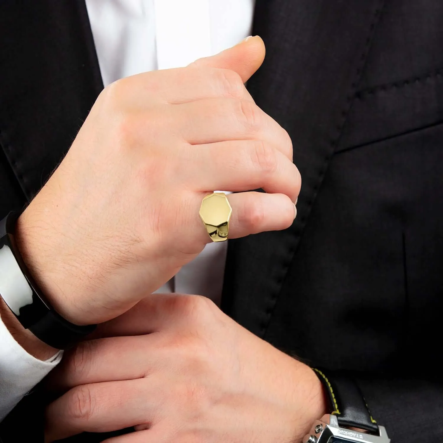 Yellow Gold Plated Men's Pinky Ring Silver Hexagon Signet Jewelry